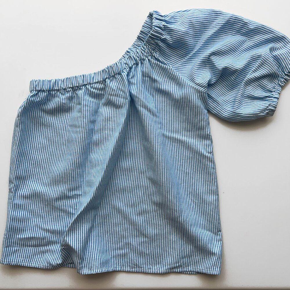 LOFT Off-the-shoulder linen blue stripe top